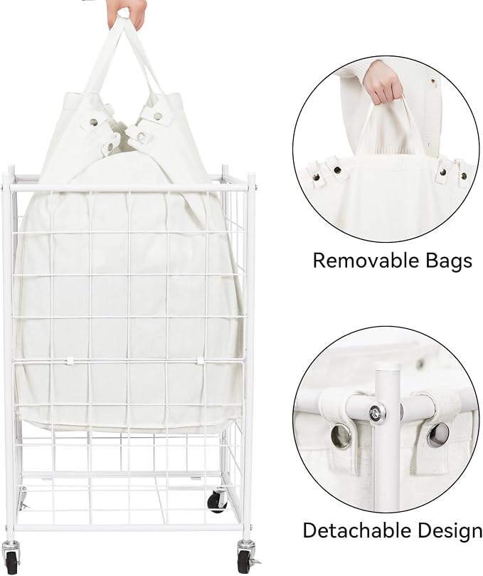 WOWLIVE Rolling Laundry Basket, Metal Wire Frame Laundry Hamper with Wheels - Image 6