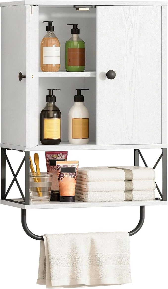 MAHANCRIS Bathroom Wall Cabinet with 2 Door and Adjustable Shelf, Farmhouse Medicine Cabinet with Towel Rack, 3-Tier Wall Mounted Storage Cabinet Over The Toilet for Bathroom Laundry Room, White by MAHANCRIS
