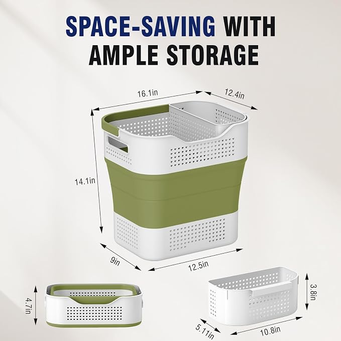 TECHMILLY Collapsible Plastic Laundry Basket Hamper with Handles, 35L Portable Rubber Clothes Basket, Pop Up Storage Container/Organizer with Hanging basket for Washing & Storage, Green - Image 2