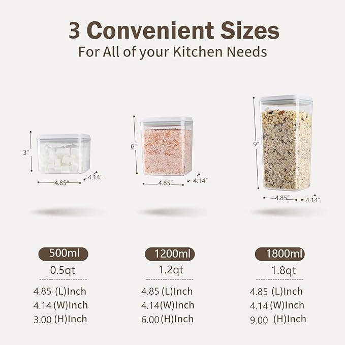 Pop Airtight Food Storage Containers Set with Lids, 6 Pcs Stackable One Button Opening Food Containers Kitchen Pantry Organization and Storage, BPA Free Stackable Cereal Container (0.5, 1.2, 1.8qt)*2 - Image 6