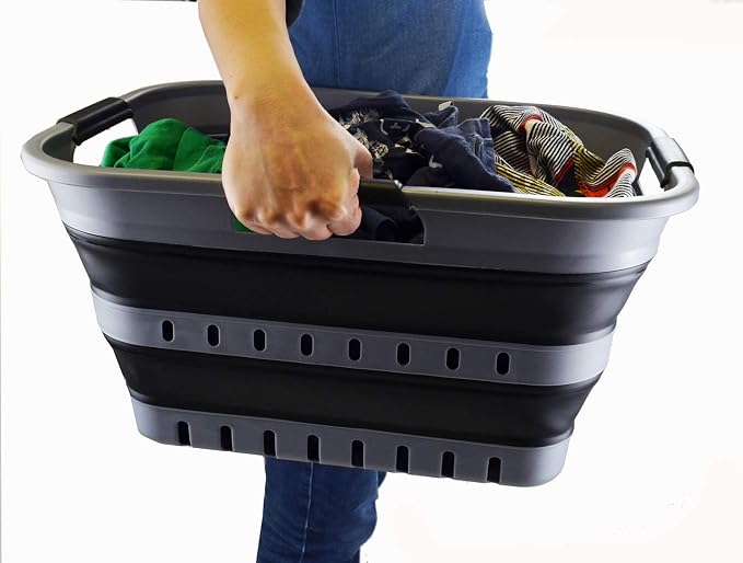SAMMART 30L (8 Gallon) Collapsible 3 Handled Plastic Laundry Basket - Foldable Pop Up Storage Container/Organizer - Space Saving Hamper/Basket (Grey/Black) - Image 7