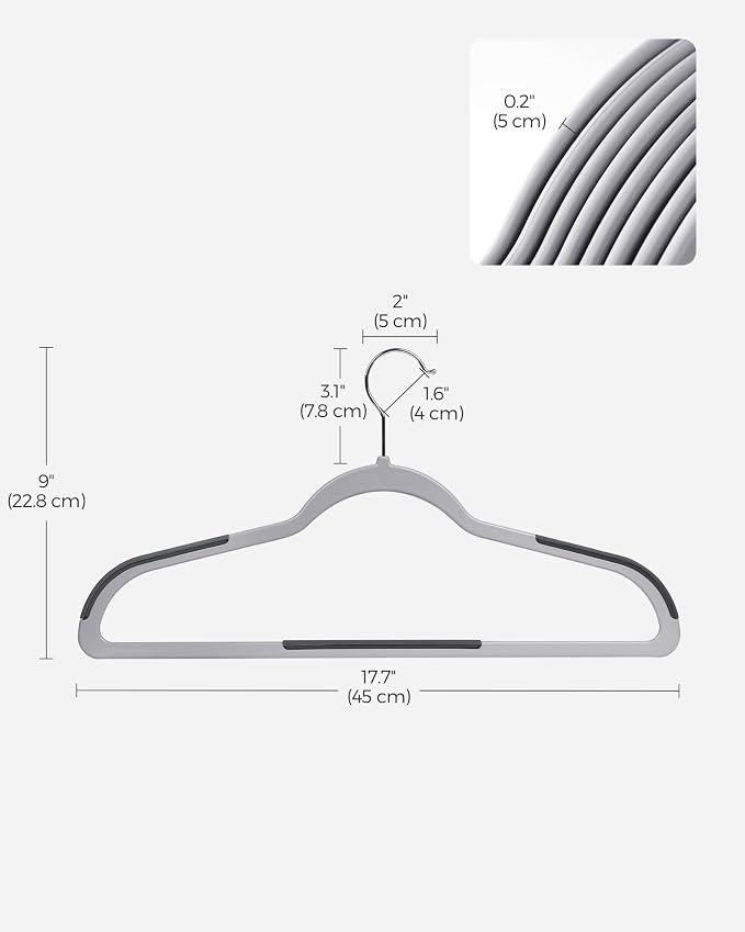 SONGMICS Plastic Clothes Hangers, Pack of 50, Space-Saving | 0.2 Inches Thick, 17.7 Inches Wide, 360° Swivel Hook, Light Gray and Dark Gray, BREANNA Collection UCRF50G - Image 6