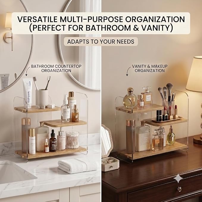 3-Tier Acrylic & Wood Bathroom Vanity Countertop Organizer Shelf - Image 8