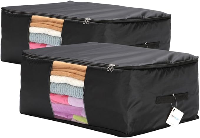 Comforter Storage Bags Pack of 2,Pillow Beddings/Blanket Clothes Organizer Storage Containers with Zippers,Breathable and Moistureproof(Black,2pcs) by VEAMOR