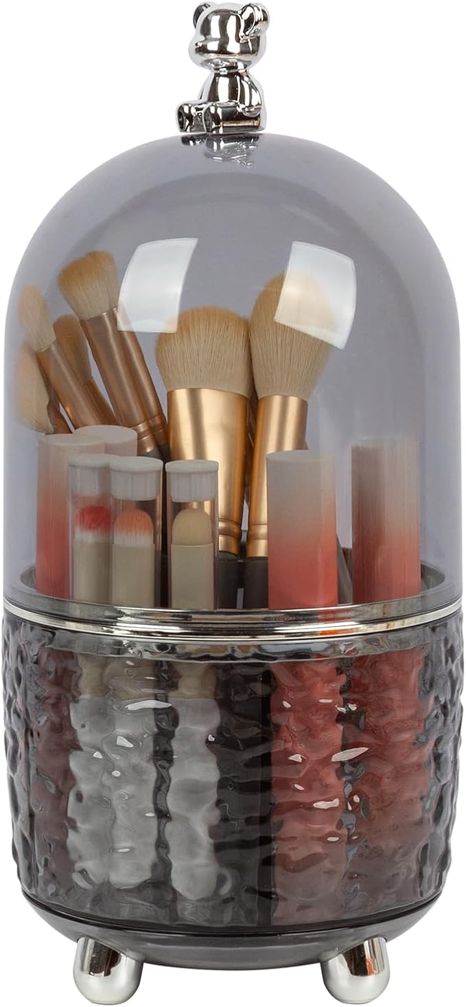 Dezzer Makeup Brush Holder with Lid, 360 Rotating Make Up Organizers with 6 Dividers, Dustproof Make up Brush Pencil Holder for Desk Vanity Bathroom Countertop Office, Gray by Dezzer
