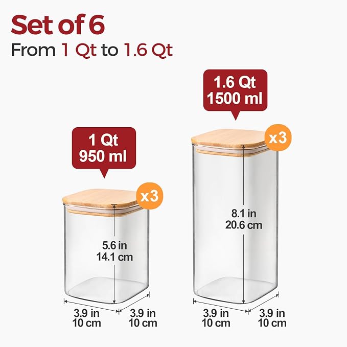 Glass Pantry Storage Containers with Lids 1/1.6 Qt 6 Pack Square - Image 2