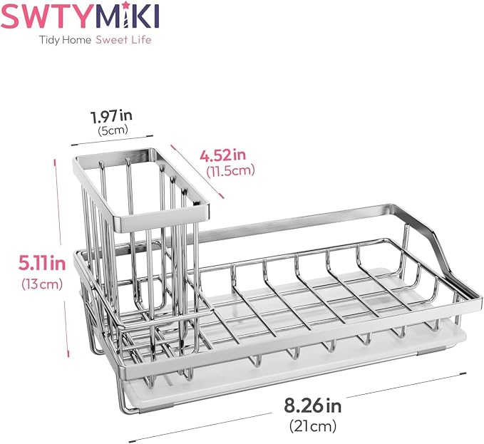 SWTYMIKI Kitchen Sink Caddy Sponge Holder, Kitchen Sink Organzier and Storage with High Brush Holder and Drip Tray for Dish Sponges, Silver - Image 3