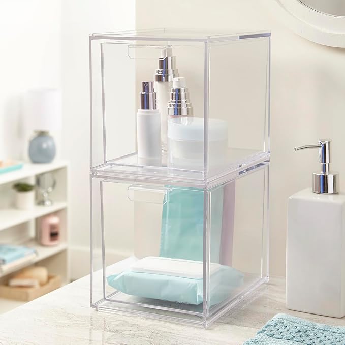 STORi Audrey Stackable Bin Clear Plastic Organizer Drawers | 2 Piece Set | Organize Cosmetics and Beauty Supplies on a Vanity | Made in USA - Image 2