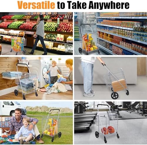 Whitmor Utility Folding Shopping Cart, 115L Heavy Duty Grocery Cart with Double Basket, 360° Swivel Wheels, Foldable Rolling Utility Trolley, 110 Lbs Capacity for Grocery, Laundry, Travel, Sliver - Image 7