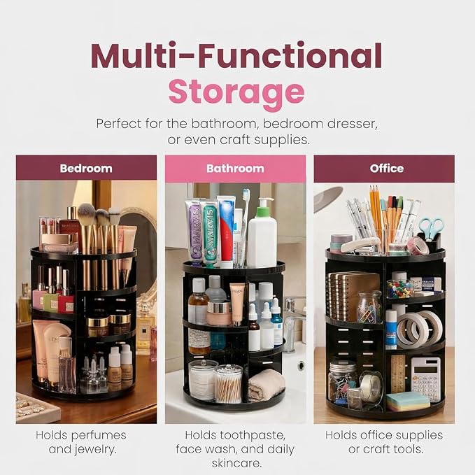 Masirs 360 Rotating Makeup Organizer Countertop, Adjustable Shelf, Black - Image 6