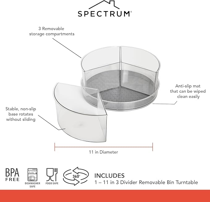 Spectrum Removable Compartment Lazy Susan 3 Bin Storage Organizer 11 in Charcoal Gray, Lazy Susan Turntable Spinning Storage for Cabinet Refrigerator Pantry Table Pantry Bath Kitchen Organization - Image 5