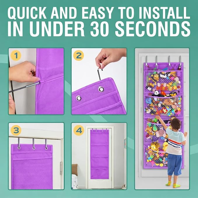 Honeyera Plush Storage (Patent Pending) - Plush Hammock Net Over Door Organizer for Stuffies, Baby Accessories, Toy/Hammock Hanging Storage Big Girls Toddler Large Bag Animals (Purple) - Image 2