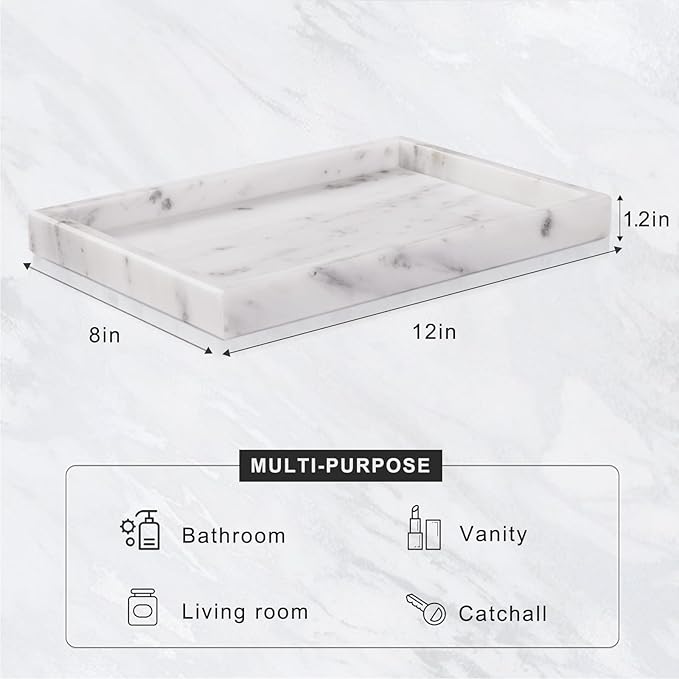 Bathroom Tray for Countertop, Marble Perfume Tray for Dresser Organizer, Marble Tray for Bathroom Counter & Home Decor, Natural Decorative Stone Vanity Trays, 12" x 8", Starry White - Image 3