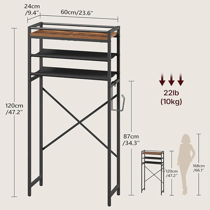 MAHANCRIS Over Toilet Storage, 3-Tier Bathroom Organizer Shelf with Toilet Paper Holder, Freestanding Space Saver Bathroom Shelves Above Toilet for Bathroom, Laundry Room, Rustic Brown TSHR1201 - Image 2
