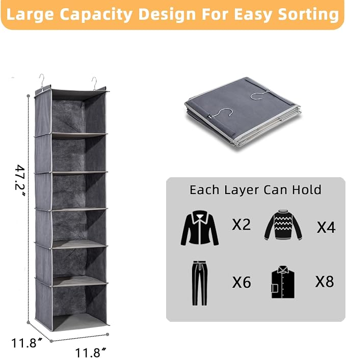 2 Packs Hanging Closet Organizer, 6-Shelf Closet Organizers and Storage with Side Pockets, Collapsible Hanging Shelves for Closet & RV & College Dorm,Grey - Image 2