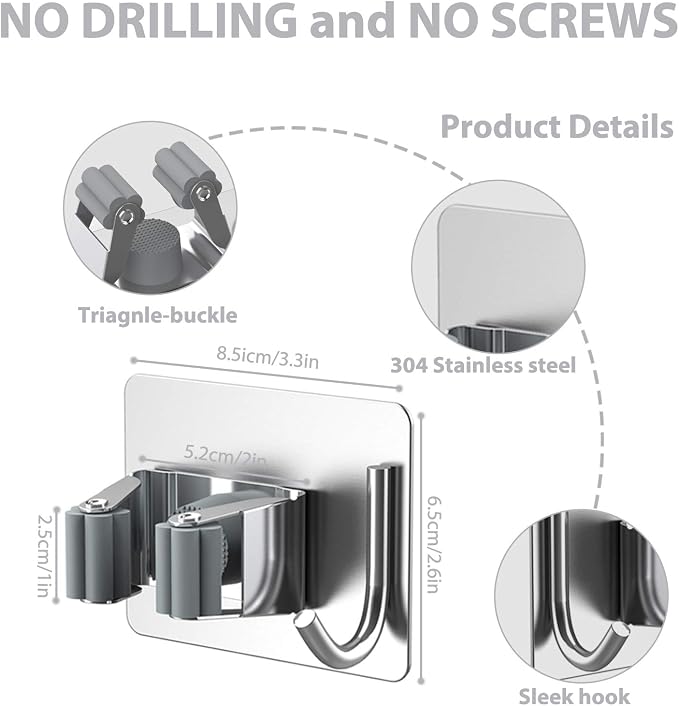 homeasy Mop Broom Holder No Drill, Mop Broom Organizer Wall Mounted Heavy Duty with Hooks Hanger, Self Adhesive Stainless Steel 4Pcs for Bathroom, Kitchen, Office (Silver) - Image 4