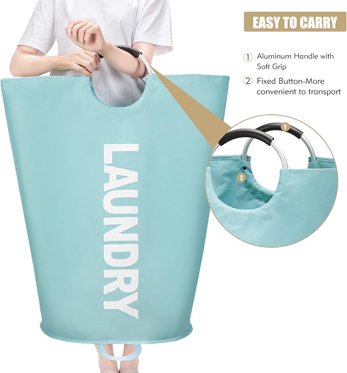 Maxsilan 125L X-Large Laundry Basket Bag, Collapsible Hamper, Light Blue - Image 5