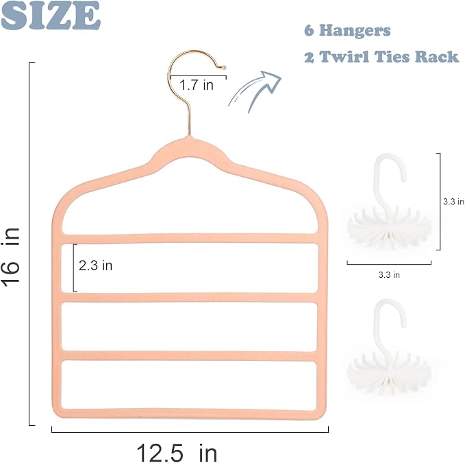 Tinfol Velvet Pants Hanger Space Saving with Hook, 6pc 4 Layers Non-Slip Jeans Hangers, Pink Multiple Clothes Hangers Closet Storage Organizer forJeans Scarf Towels Tie Towel - Image 2