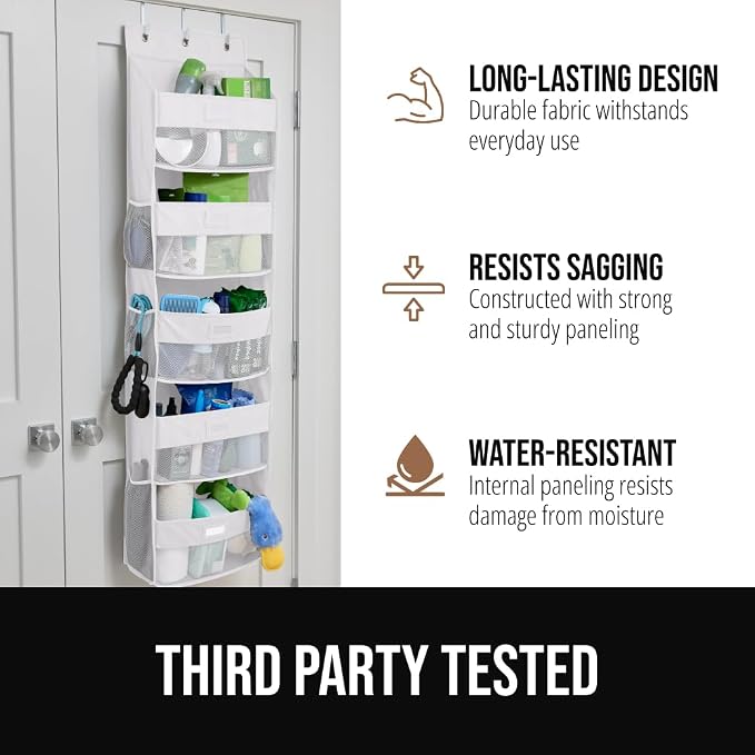 GORILLA GRIP Over The Door Organizer Storage, 5 Deep Hanging Shelves, Holds 50lbs, Closet Organizers Shelf for Bedroom, Shoes, Bathroom, Nursery, Dorm Essentials, 3 Metal Hooks, 58x15 Inches, White - Image 5