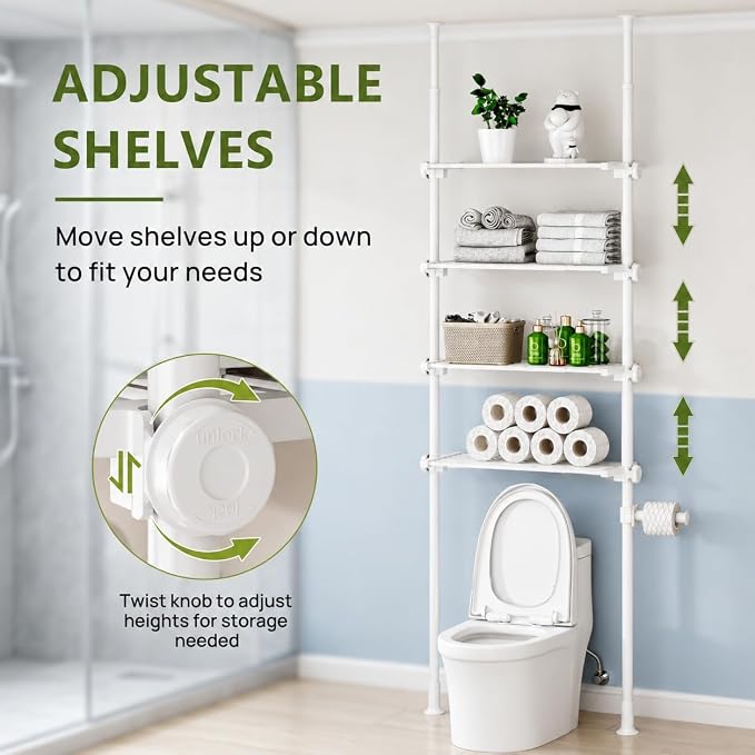 ALLZONE Adjustable Over The Toilet Storage Shelf, 4-Tier Ample Bathroom Organizer and Storage, Tension Mounted Above Toilet Storages Cabinet for Versatility, Fits 66-113 Inch Heights, White - Image 3