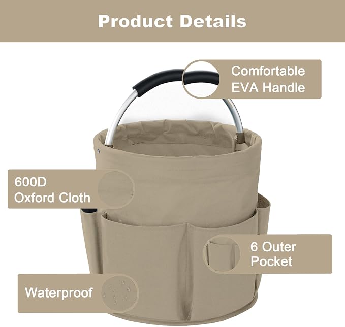 Cleaning Caddy with Handle, Cleaning Products Organiser, 17L Foldable Storage Basket, Cleaning Caddy Organiser, Portable Multi Cleaning Bucket Bag for Home, Garden (Khaki) - Image 5