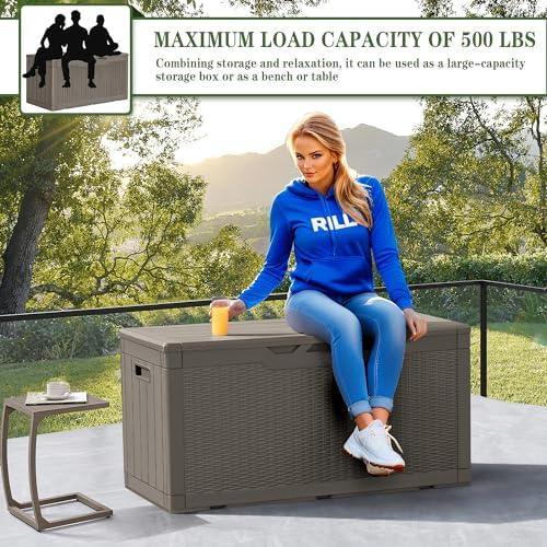 Greesum 100 Gallon Resin Deck Box Large Outdoor Storage, Imitation Rattan Weave Texture for Patio Furniture, Garden Tools, Pool Supplies, Weatherproof and UV Resistant, Lockable, Light Coffee - Image 4