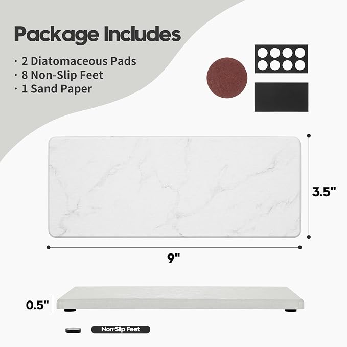 2PCS Water Absorbing Stone Drying Tray for Kitchen Counter & Bathroom Sink, Diatomite Faucet Splash Guard, Soap Dispenser Rack & Sponge Holder Caddy Organizer, Marble White (Printed Pattern), 9"x 3.5" - Image 4