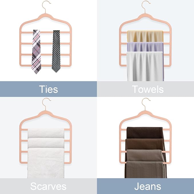 Tinfol Velvet Pants Hanger Space Saving with Hook, 6pc 4 Layers Non-Slip Jeans Hangers, Pink Multiple Clothes Hangers Closet Storage Organizer forJeans Scarf Towels Tie Towel - Image 4