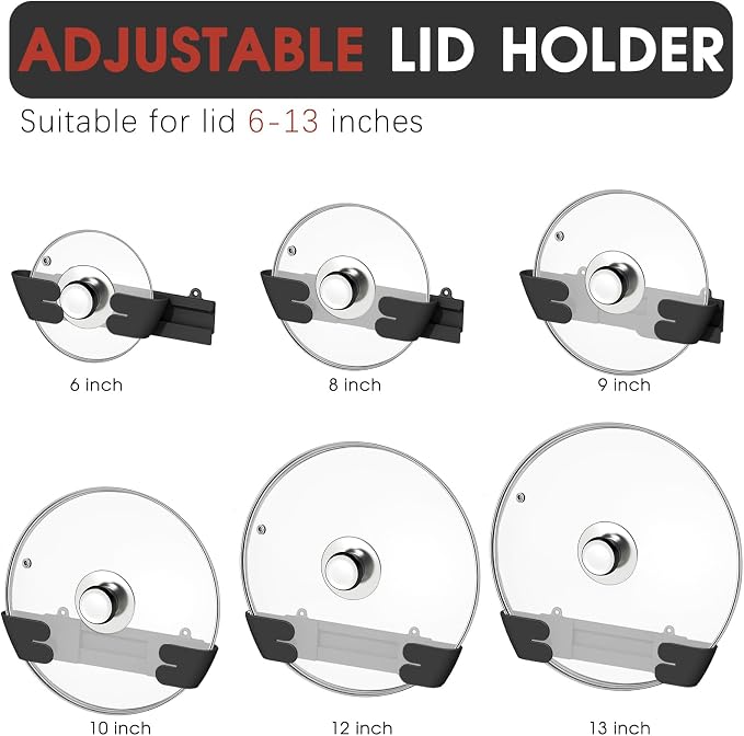 Adjustable Universal Pot Lid Holder Organizer for Cabinet - Upgraded Patented 3 Pack Pan Lids Organizers Inside Door Wall Mount Pots Top Rack for Kitchen Cupboard Fit 6" to 13" (Black) - Image 3