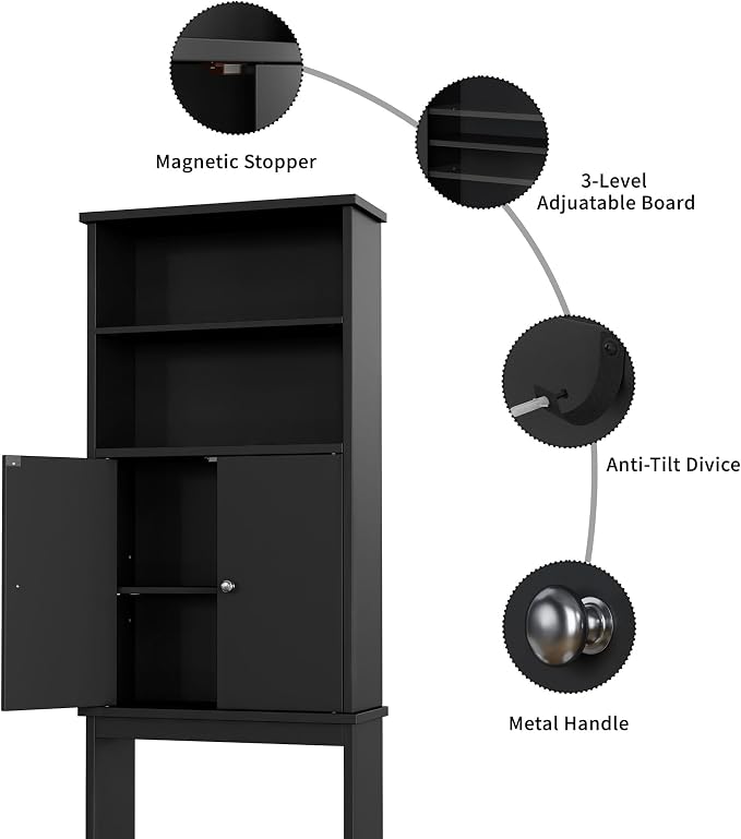 Shintenchi Over the Toilet Storage Cabinet, Bathroom Above the Toilet Rack, Bathroom Adjustable Shelf Organizer with Open Bottom Bar and Anti-Tip Device, Black - Image 7