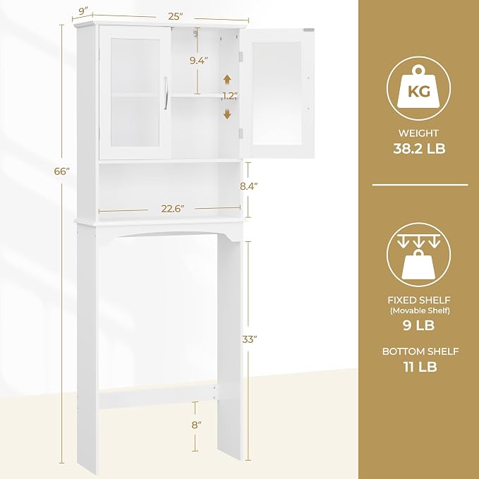 Yaheetech Slim Over the Toilet Storage Cabinet, Frosted Glass Doors, White - Image 3