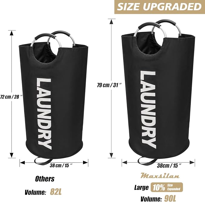 Maxsilan 90L Large Laundry Basket, Freestanding Tall Clothes Hamper, Collapsible Laundry Bag, Black (Pack of 3) - Image 3