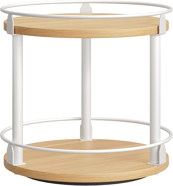 YATINEY Lazy Susan Organizer, Rotating Spice Rack, 2 Tier Spice Turntable Organizer, Industrial Turntable Spice Holder, for Kitchen Countertop, Compact and Versatile, White and Natural SR22WN by Yatiney