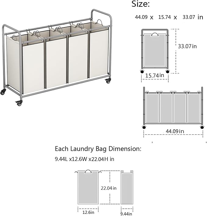 LINZINAR 4 Section Laundry Hamper, Beige Laundry Basket 180L Laundry Sorter - Image 6