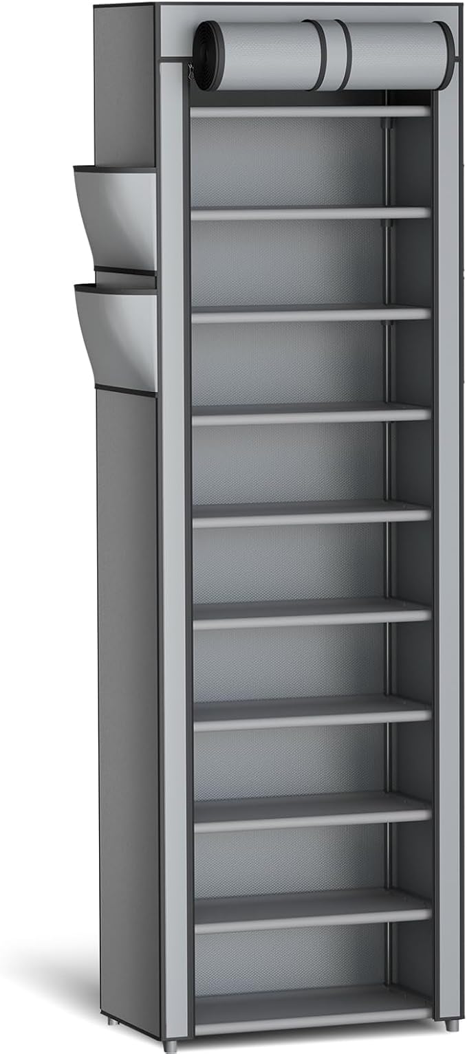 Kitsure 10-Tier Shoe Rack with Cover, Vertical Shelf, 17.5" Wide, Grey | Space Saving Shoe Storage with Side Pocket, Shoe Organizer for Closet, Entryway, Bedroom, Zapateras Organizer by Kitsure