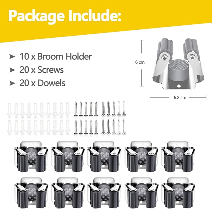 Verdenu 10 Pack Broom Holder Wall Mount, Mop and Broom Holder Wall Mount, Stainless Steel Command Broom Holder with Screws, Garden Tool Storage Organizer for Kitchen, Home, Bathroom, Garage, Grey - Image 2