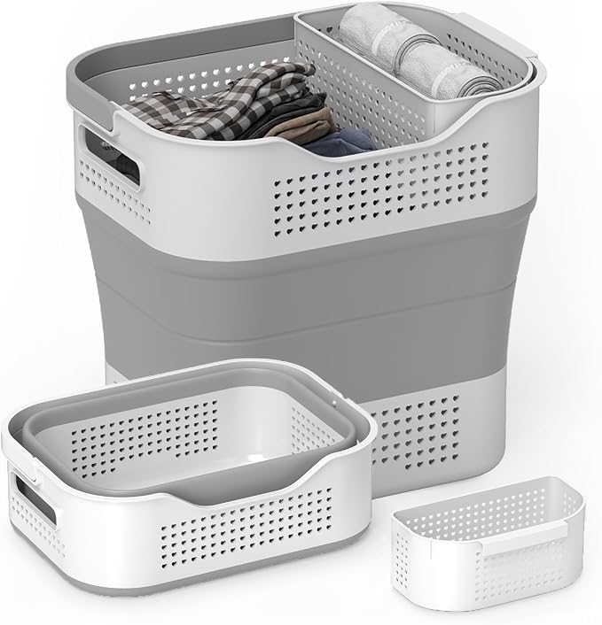 TECHMILLY Collapsible Plastic Laundry Basket Hamper with Handles, 35L Portable Rubber Clothes Basket, Pop Up Storage Container/Organizer with Hanging basket for Washing & Storage, Grey by TECHMILLY