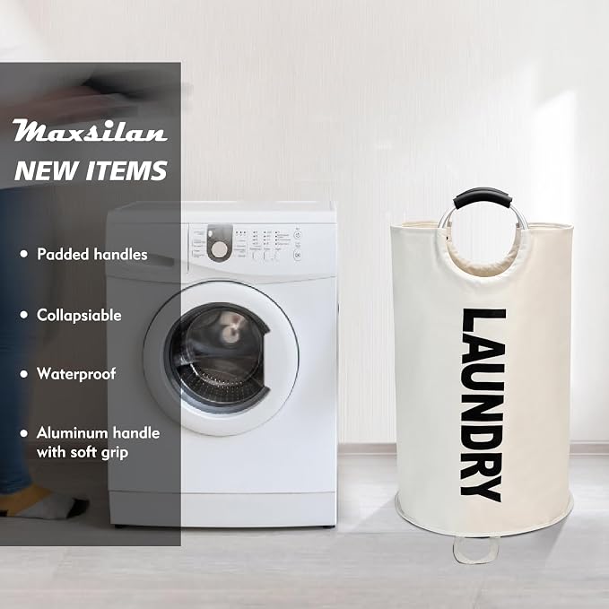 Maxsilan 90L Large Laundry Basket Bag, Collapsible Tall Hamper, Beige - Image 2