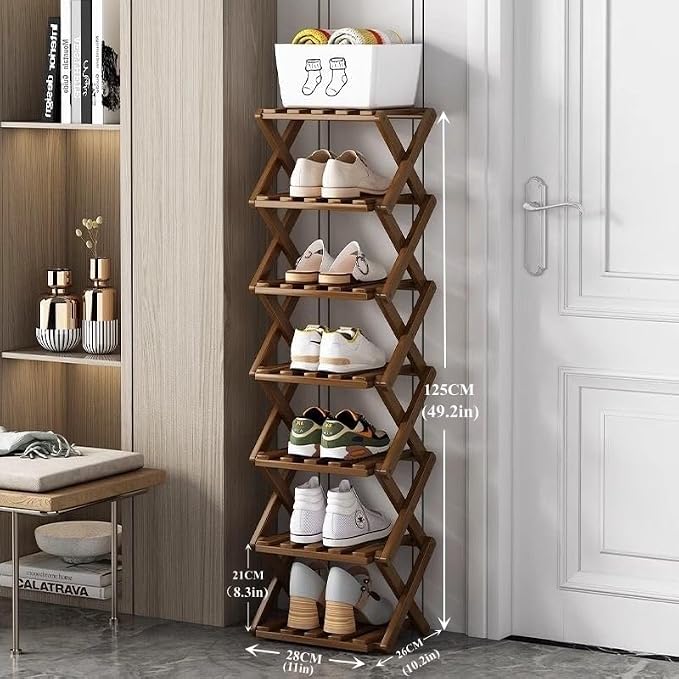 7 Tier Foldable Shoe Rack, Bamboo Vertical Shoe Organizer Tall for Multifunctional Narrow Shoe Shelf for Entryway, Closet, Corner, Bedroom, Hallway(Brown) - Image 2