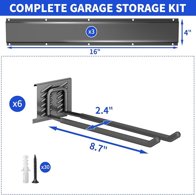 Garage Tool Organizer Wall Mount, 48 Inch Heavy Duty Garden Tool Organizer Storage System, Easy Install with 6 Adjustable Straight Hooks, for Garage, Basement, Shed, Workshop, Black, Steel - Image 7