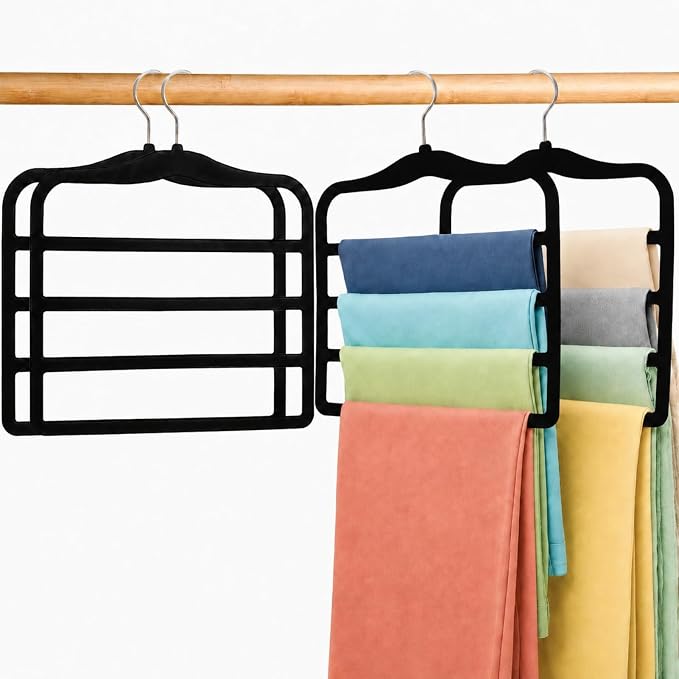4 Pack Space Saving Velvet Pants Hangers, Dorm Room Essentials, Non-Slip Multi-Tier Closet Organizer for Jeans & Slacks, Maximize Wardrobe Storage with Multi-Purpose Rack for Shorts, Scarves & Ties by CLODSPAC