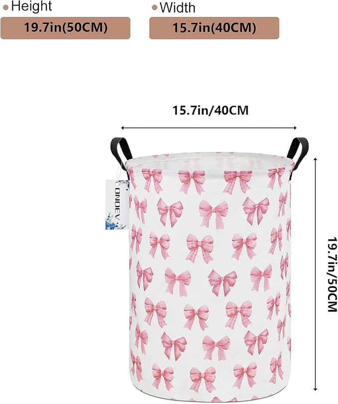 Round Large Pink Bow Print Waterproof Laundry Hamper - Image 2