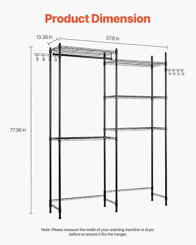 VEVOR Over The Washer and Dryer Storage Shelf, 5 Tier Laundry Room Drying Rack with Hanger Rod and Hooks, Adjustable Over Washer and Dryer Shelves, Laundry Room Shelf Storage Space Saver, Black - Image 3