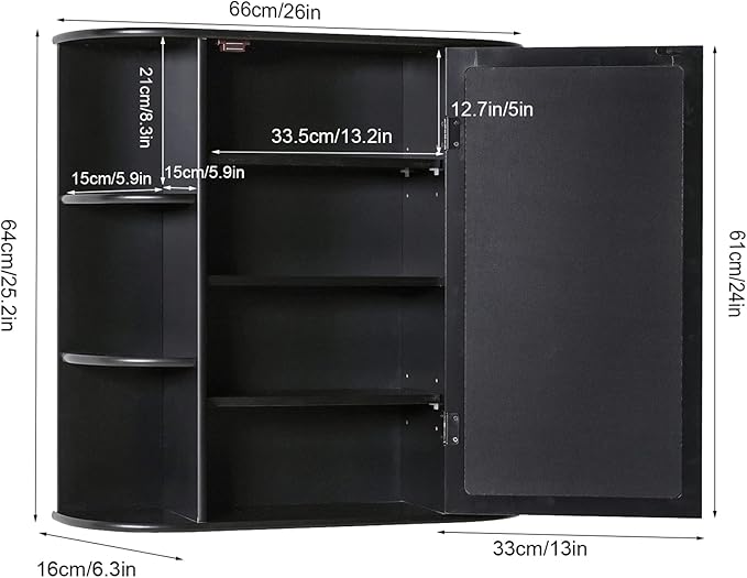 Iwell Bathroom Medicine Cabinet with Mirror, Wall Cabinet with 2 Adjustable Shelves & 6 Open Shelves, Bathroom Cabinet Wall Mounted, Over The Toilet Space Saver Storage Cabinet, Black - Image 3