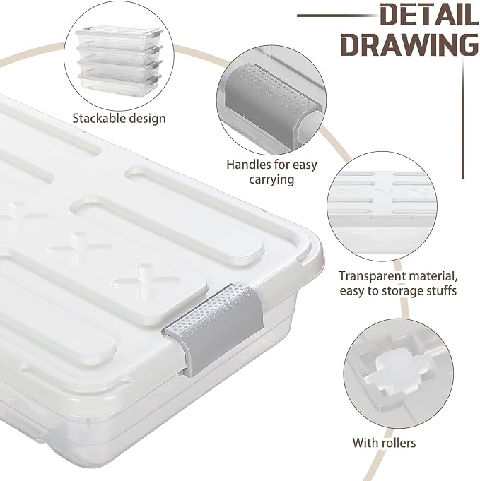 Beeveer 4 Pcs Plastic Under Bed Storage Containers with Lid Wheel Handle, Transparent Large Capacity Stackable Latching Storage Bins for Closet Bedroom Clothes Shoes Blanket(23.7 x 15.8 x 5.2,White) - Image 3
