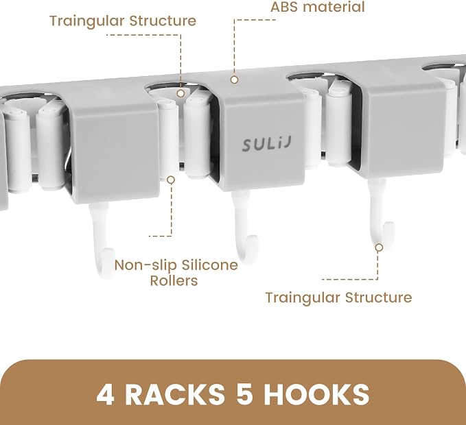 2Pcs Broom Holder Wall Mount, No-Drilling Self-Adhesive Mop and Broom Storage Rack with Hooks (4 Racks with 5 Hooks), Wall-Mounted Broom Hanger for Bathroom, Kitchen, Closet, Garage (Grey) - Image 9