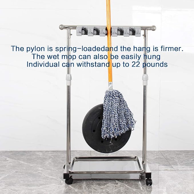 movable mop broom holder put wet mops floor standing cleaning tool rack stainless for schools, hospitals, factories, hotels, restaurant, etc. - Image 3