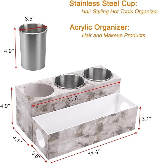 GFWARE Hot Hair Styling Tool Organizer with 3 Stainless Steel Cups, Marble - Image 7