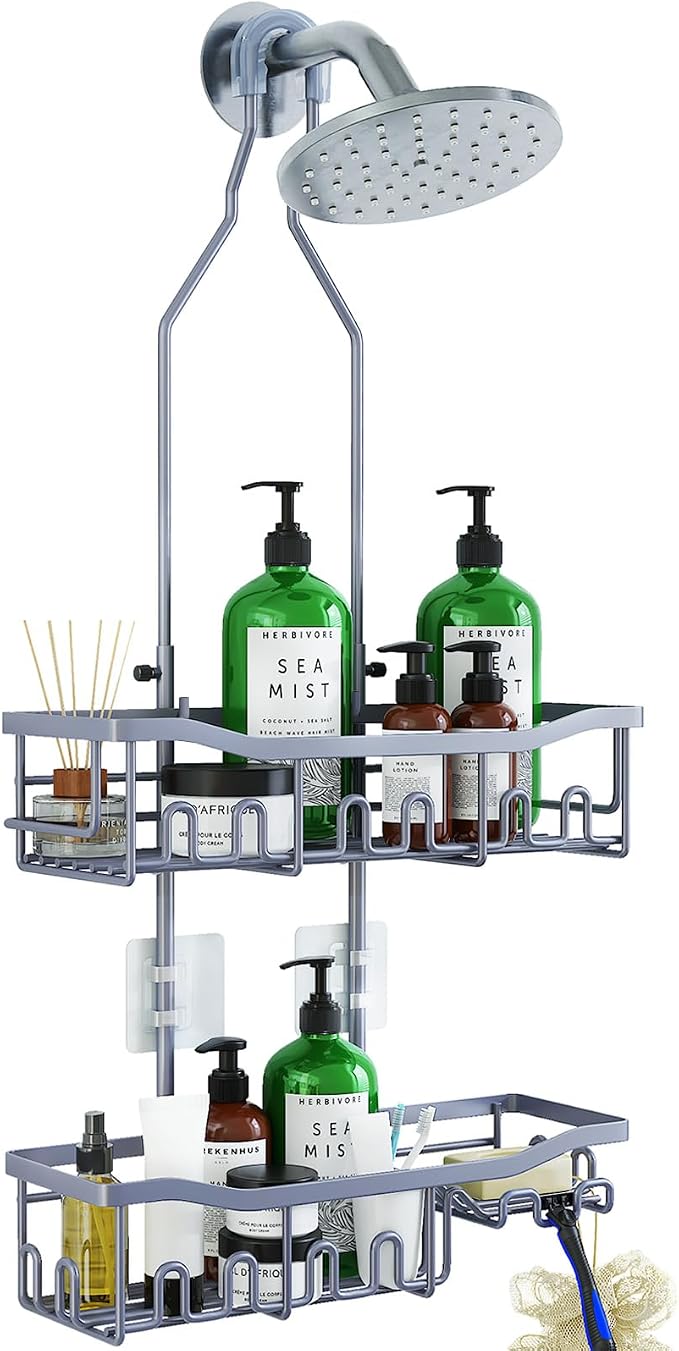 Upgraded Extended Length Shower Caddy Over Showerhead No Blocking to Showerhead, Rustproof Bathroom Organizers and Storage with Hooks Shampoo Soap Holder, Large Hanging Caddy, Grey by Joqixon