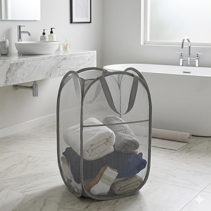 Mesh Large Pop Up Laundry basket, Collapsible Laundry Hampers with Handles, Foldable Dirty Clothes Hampers for Bathroom, College Dorm, Travel, Gray - Image 6